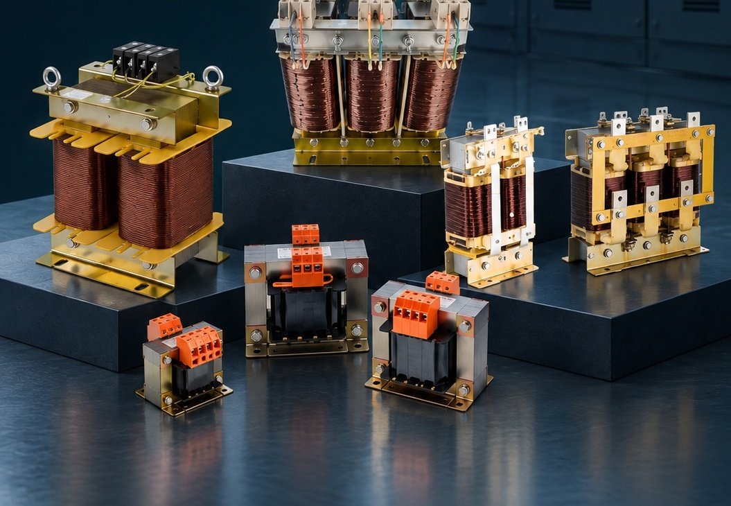 Mayar Gulf industrial transformers and drive chokes displayed on dark platforms